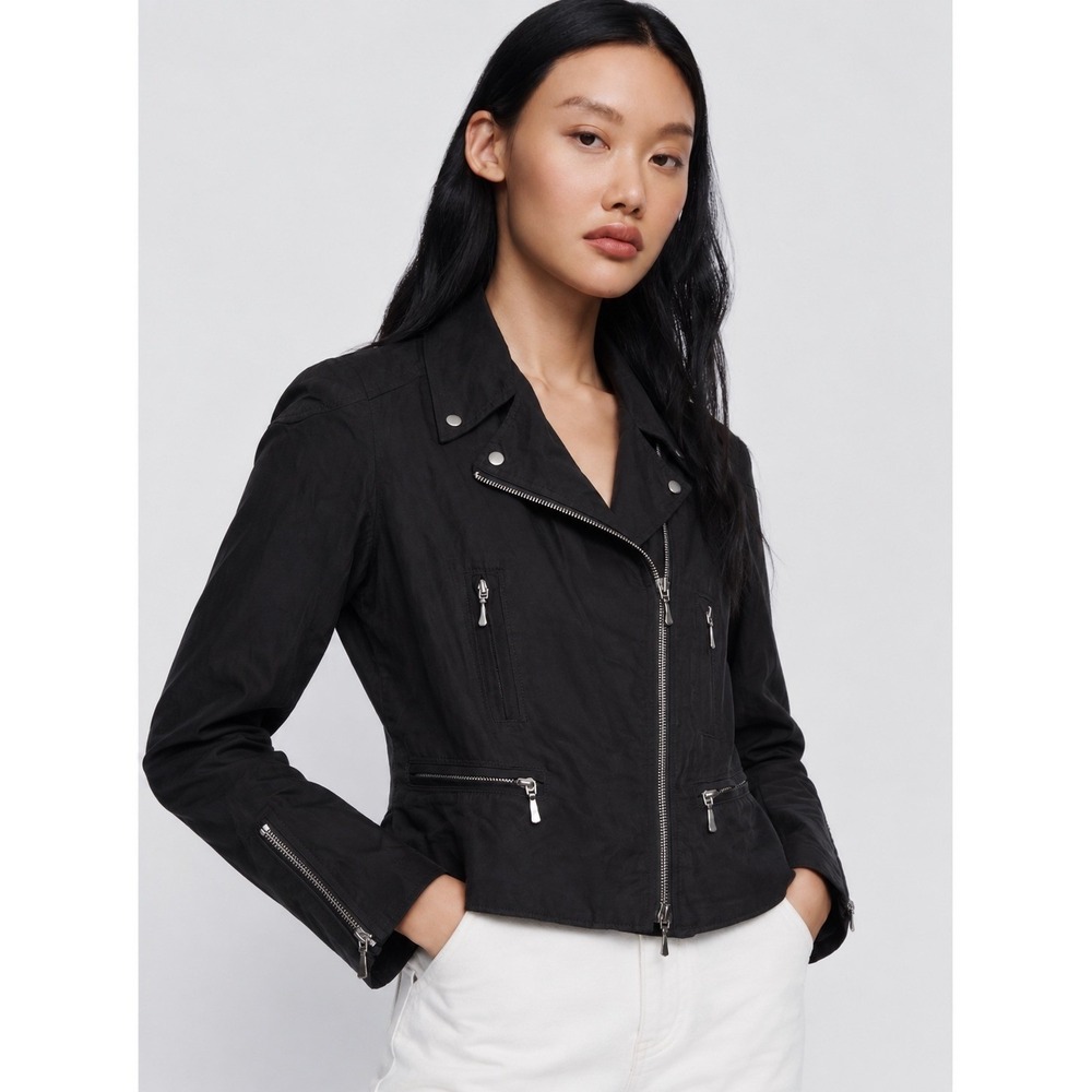 Club Monaco Women Black Cupro Moto Biker Jacket Asymmetric Zip Quilted Small